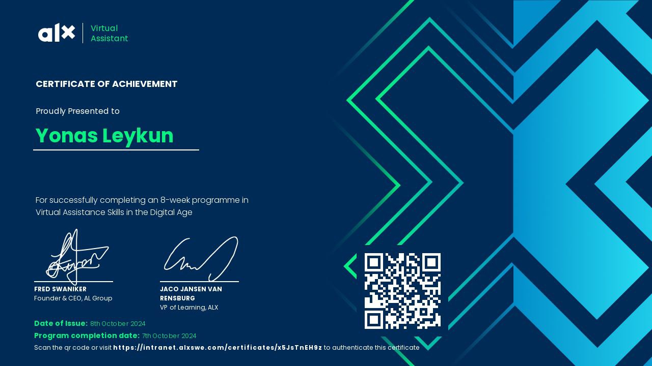 ALX Virtual Assistant Certificate